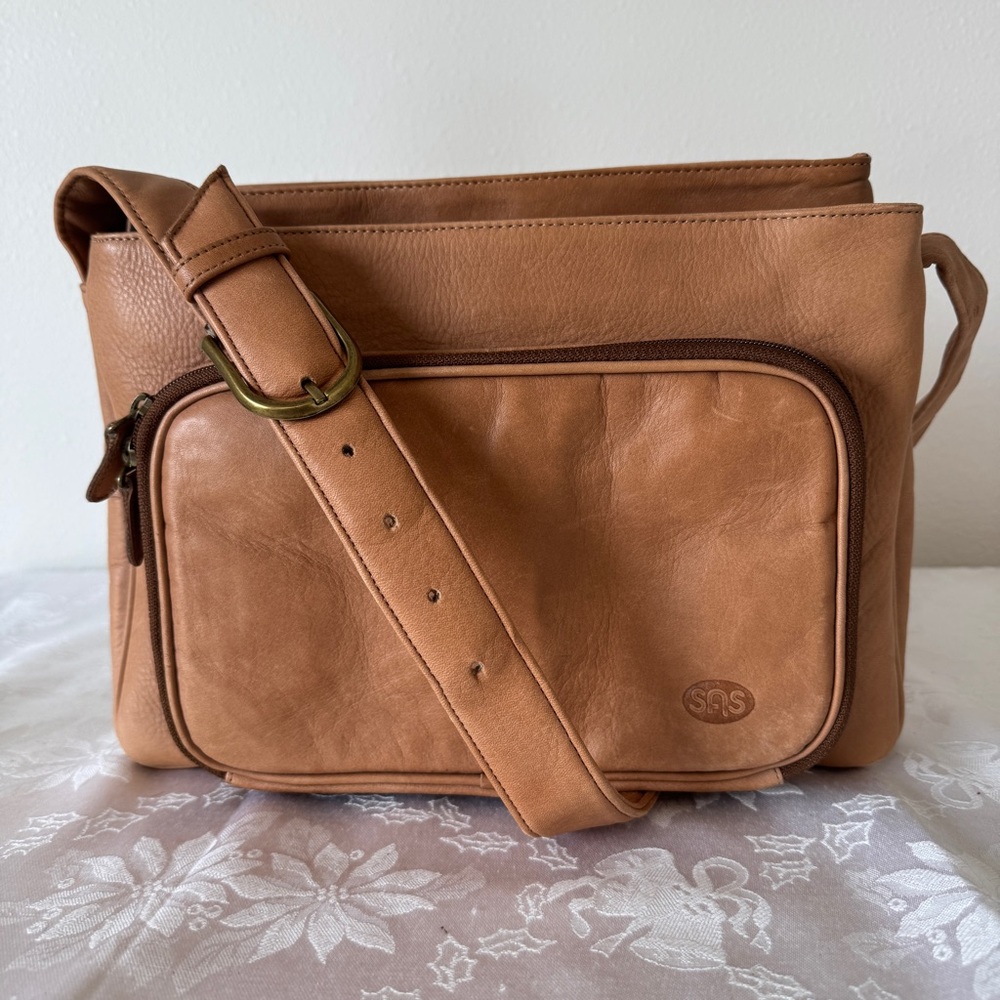 SAS Brown Leather Women's Handbag VTG Shoulder Purse Crossbody Multi Pocket